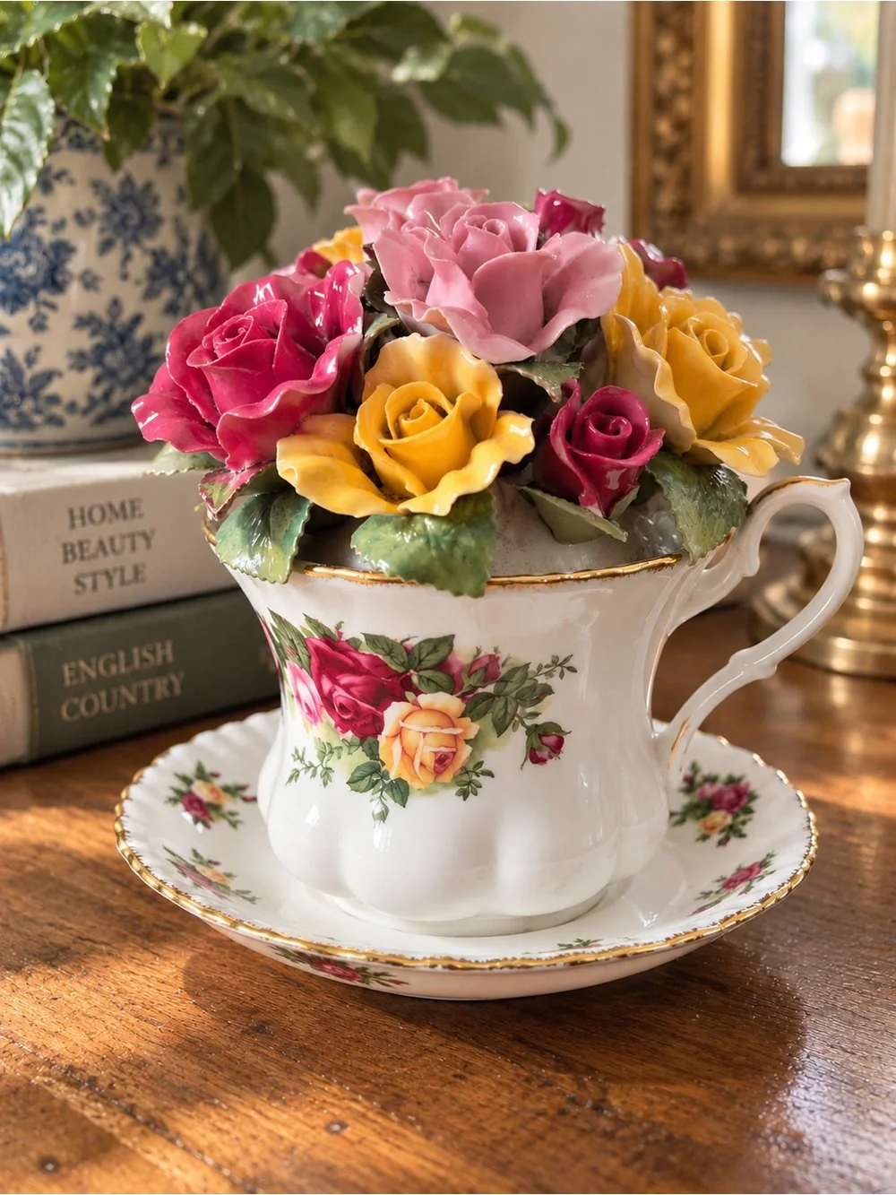 Royal Albert Porcelain Teacup with Pink, Yellow, Red Rose Bouquet